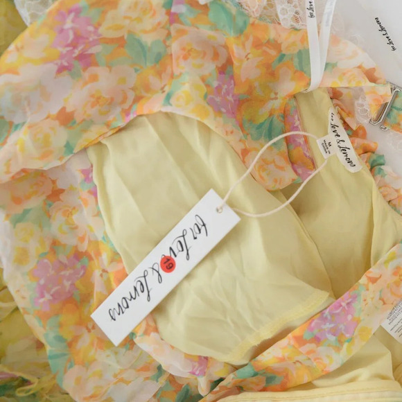 For Love & Lemons Vicki Sheer Tiered Yellow Lace Ruffle Maxi Dress M - Picture 12 of 13
